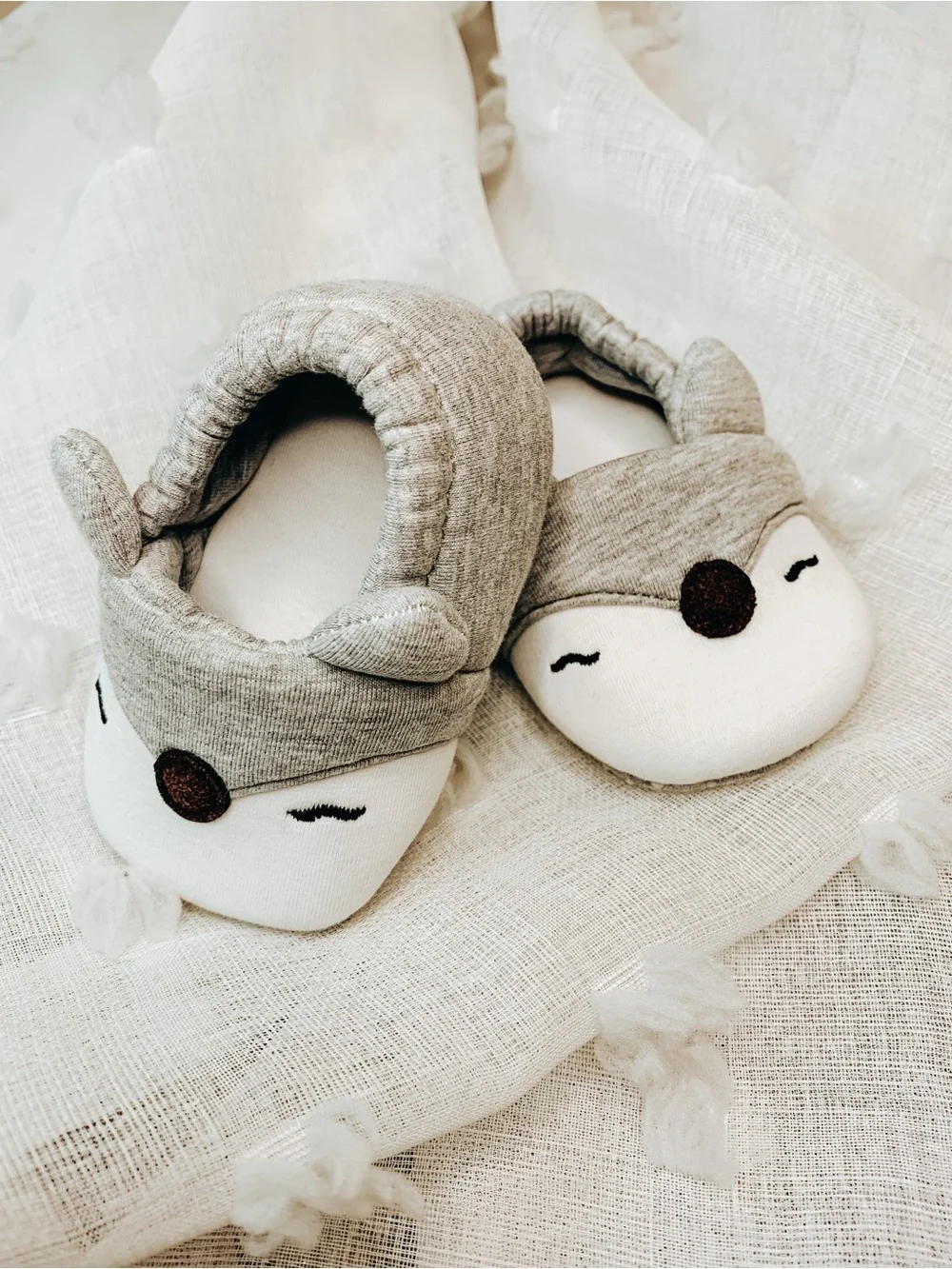 Grey Fox Plush Baby Shoes - Soft Slip-On Kids Slippers